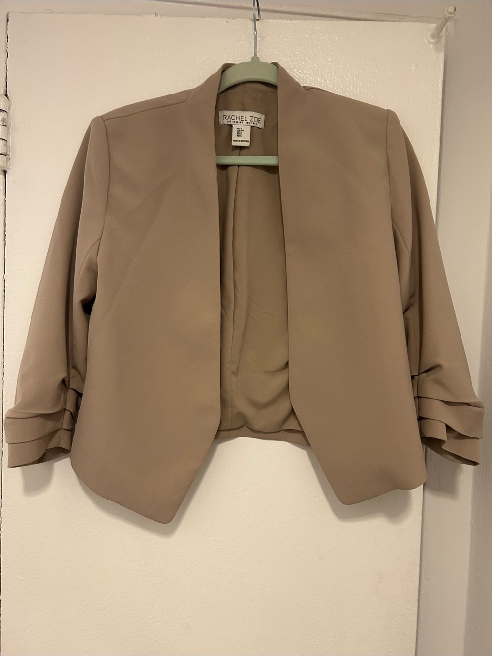 Rachel Zoe Cropped Taupe Open-Front Blazer with Tiered Sleeves